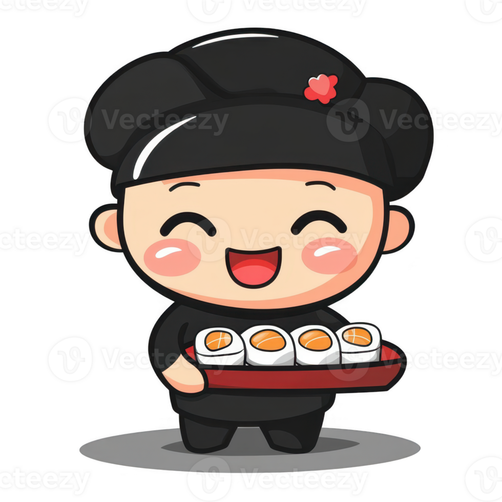 Cute Cartoon Sushi Chef Holding a Plate of Delicious Sushi Rolls png