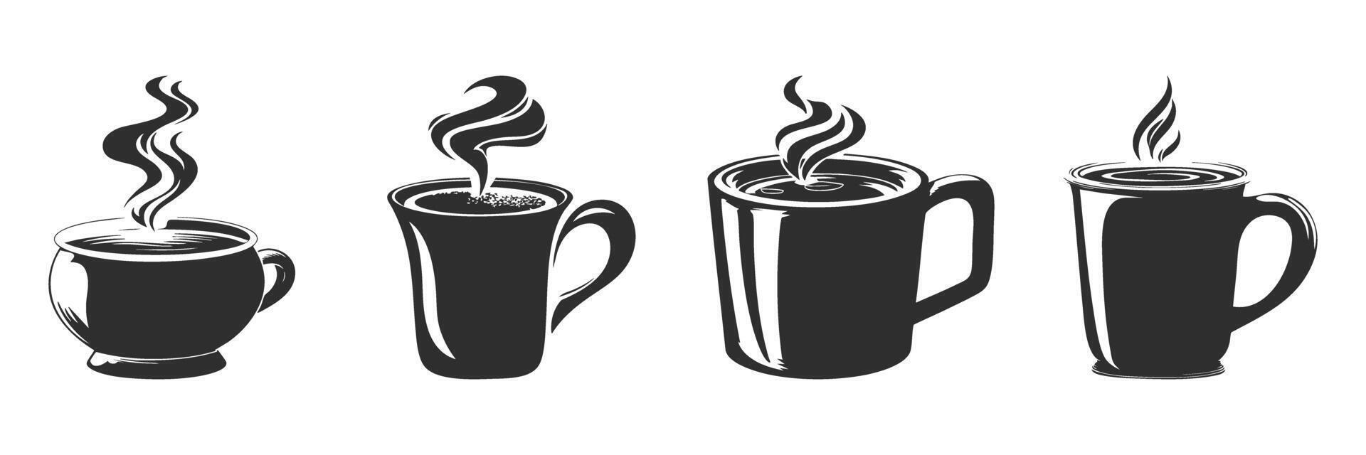 Silhouette Of Coffee Cups With Steam. Beverage Variety And Warmth Concept Isolated Illustration Collection vector