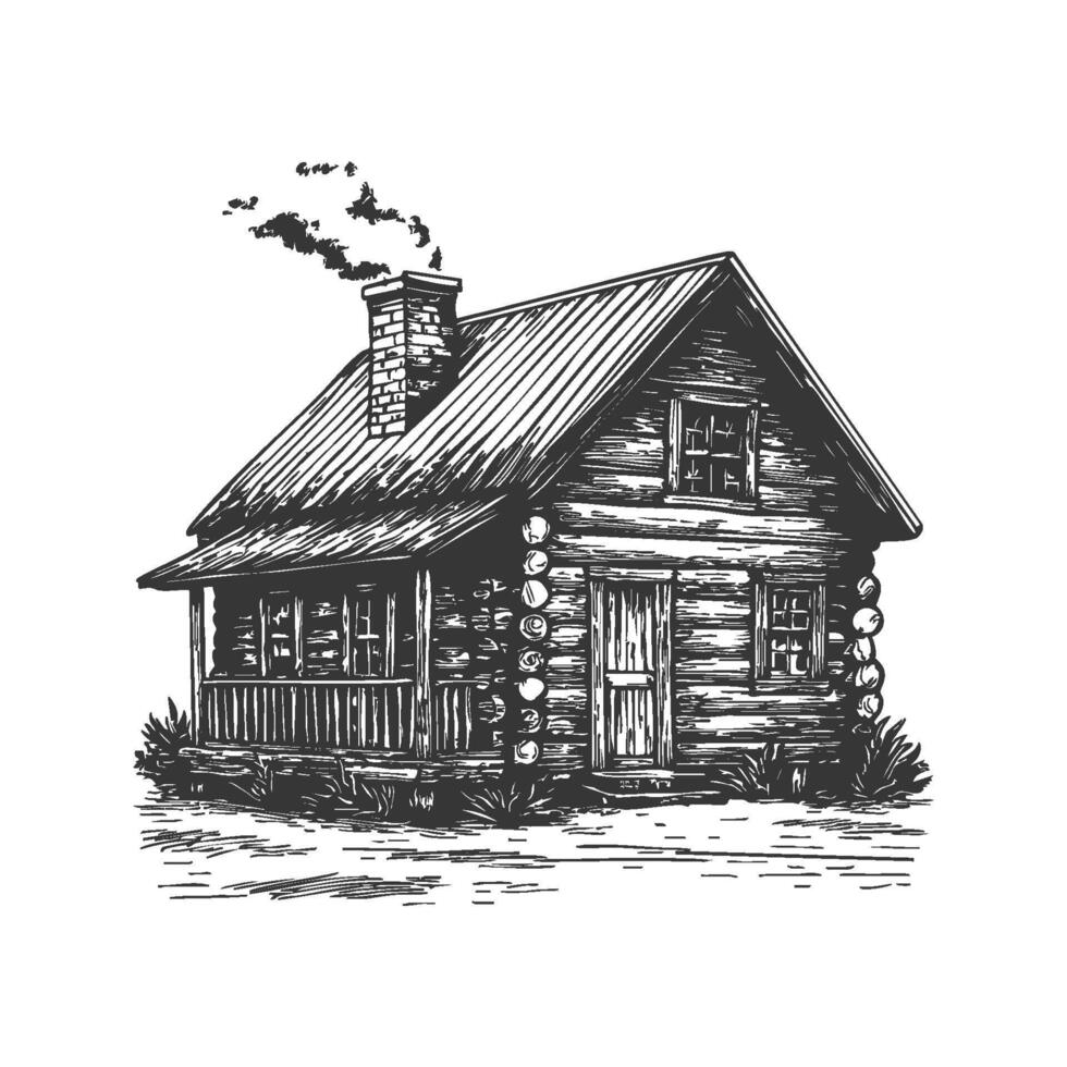 Rustic Log Cabin With Chimney Black And White Silhouette Illustration. Traditional Countryside Living And Simplicity. Isolated Illustration vector