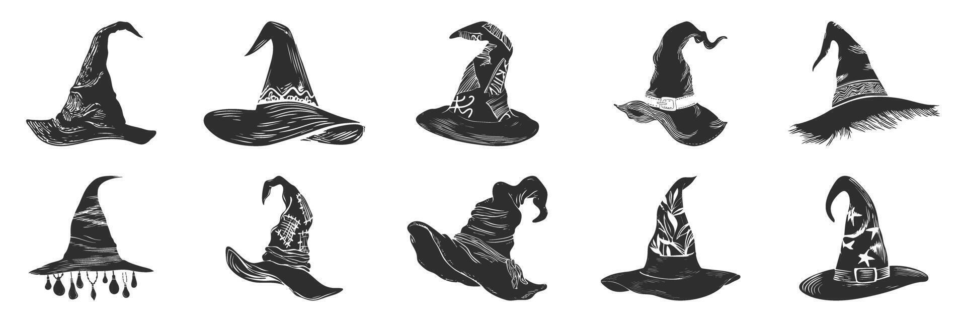 Witch And Wizard Hat Silhouette Set. Magical Headwear Collection For Halloween And Fantasy. Isolated Illustration Collection vector