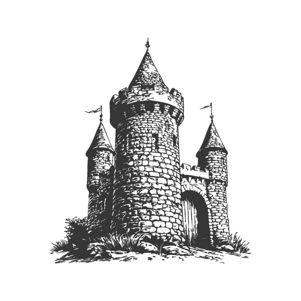 Medieval Castle With Towers Black And White Silhouette Illustration. Historical Architecture And Fantasy Theme. Isolated Illustration vector