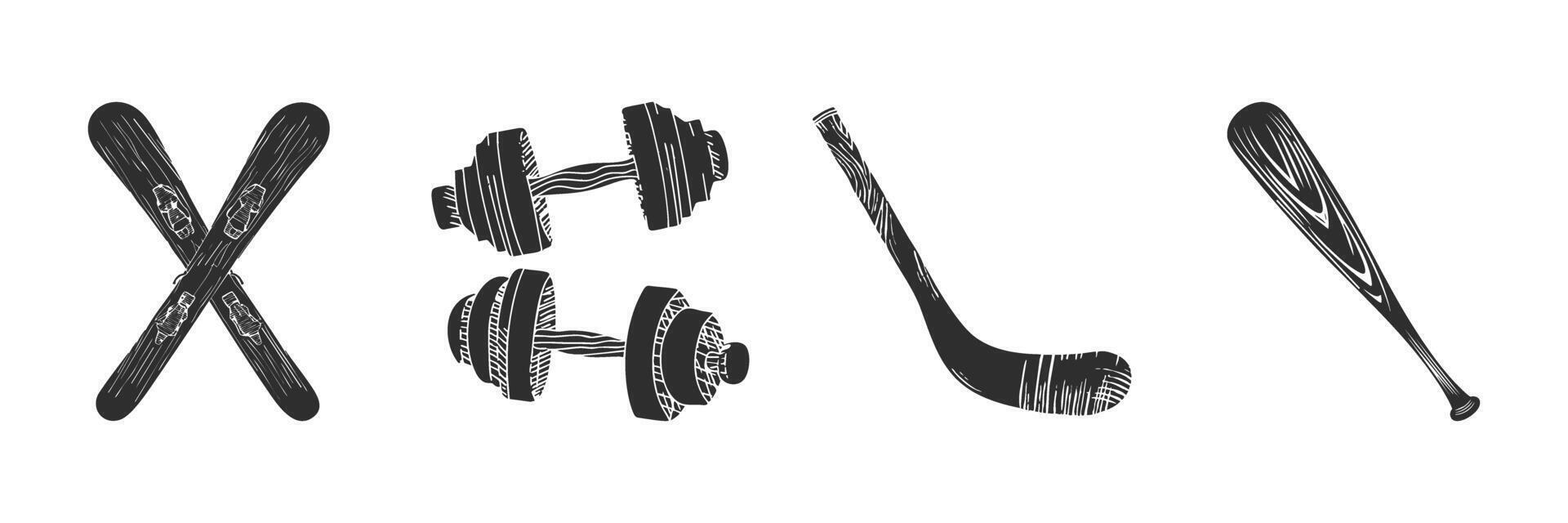 Skiing, Dumbbells, Hockey, And Baseball Equipment Silhouette Set. Sports And Fitness Icons Isolated Illustration Collection vector