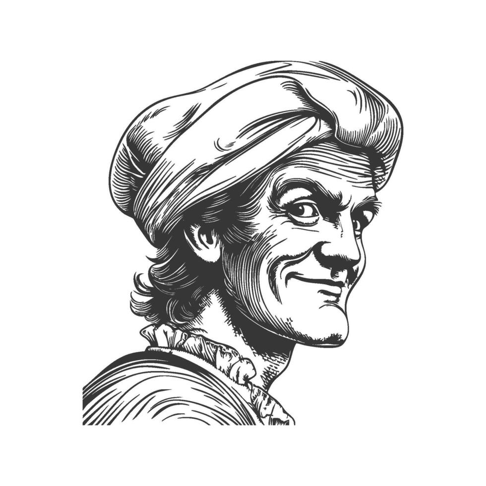 Smirking Man In Renaissance Attire Black And White Silhouette Illustration. Historical Character With Playful Expression Isolated Illustration vector