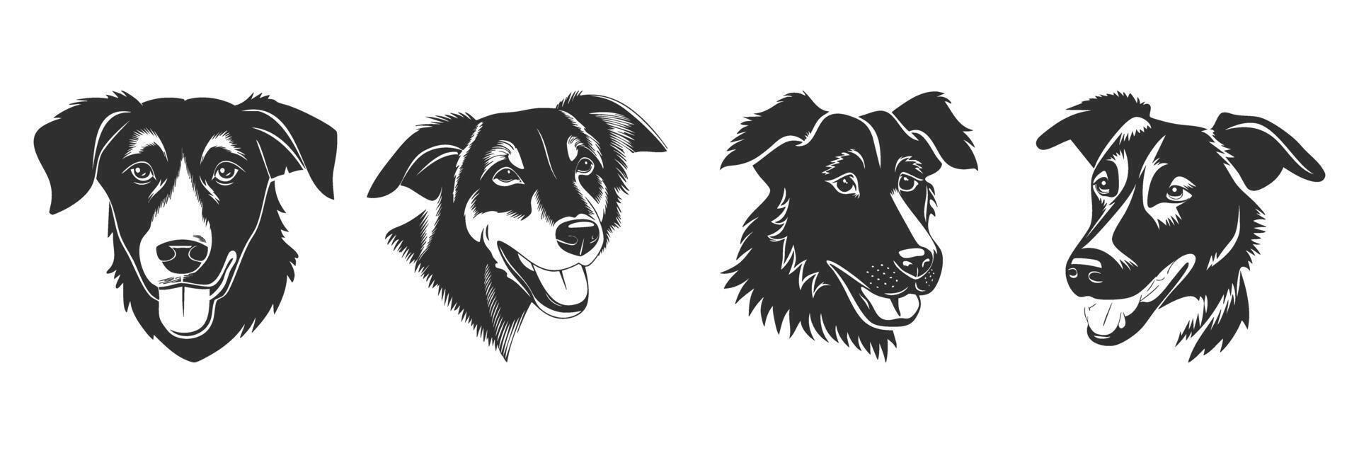 Dog Head Silhouettes Set. Expressive Canine Faces In Black And White. Isolated Illustration Collection vector