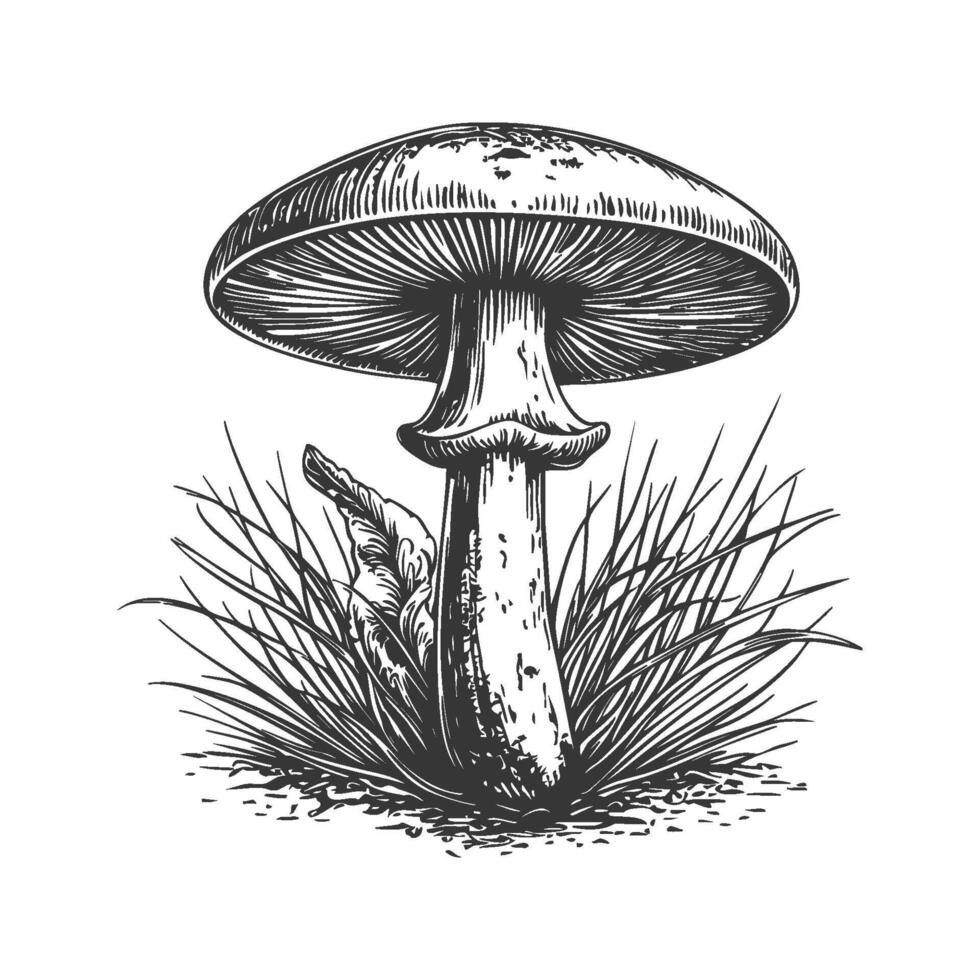 Mushroom And Grass Black And White Silhouette Illustration. Nature And Fungi Concept Isolated Illustration vector
