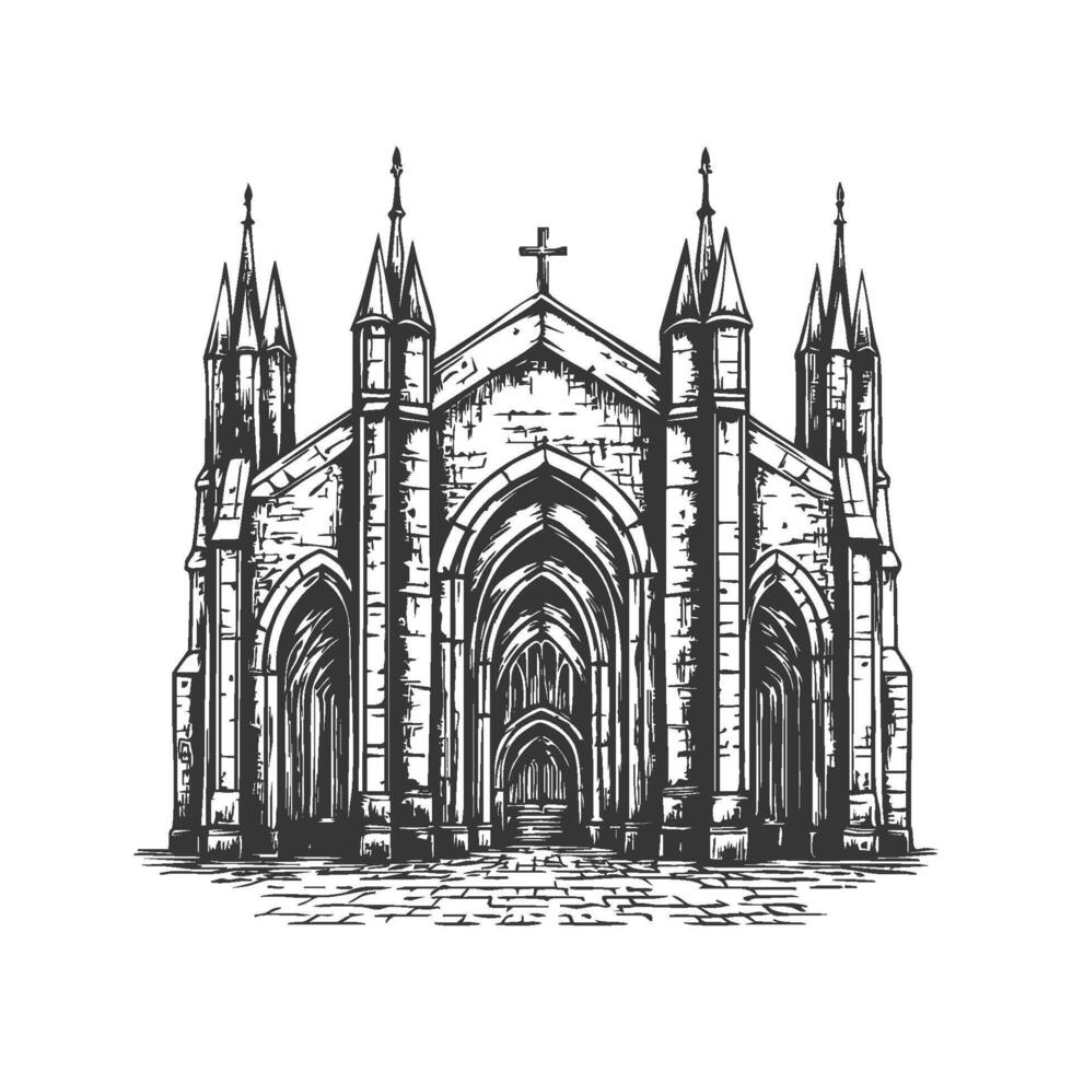 Gothic Cathedral Architecture Black And White Silhouette Illustration. Historic Religious Building Design Isolated Illustration vector