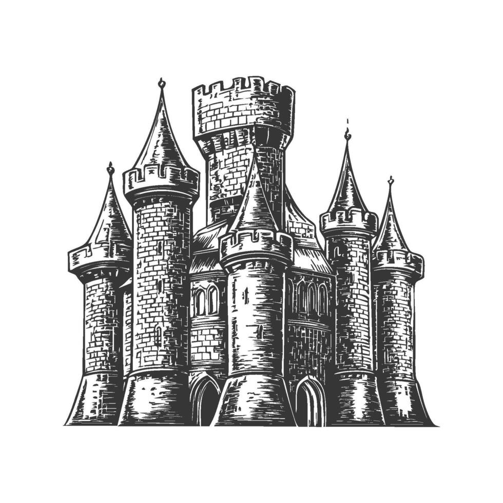 Medieval Castle With Towers Black And White Silhouette Illustration. Symbol Of Strength And History. Isolated Illustration vector