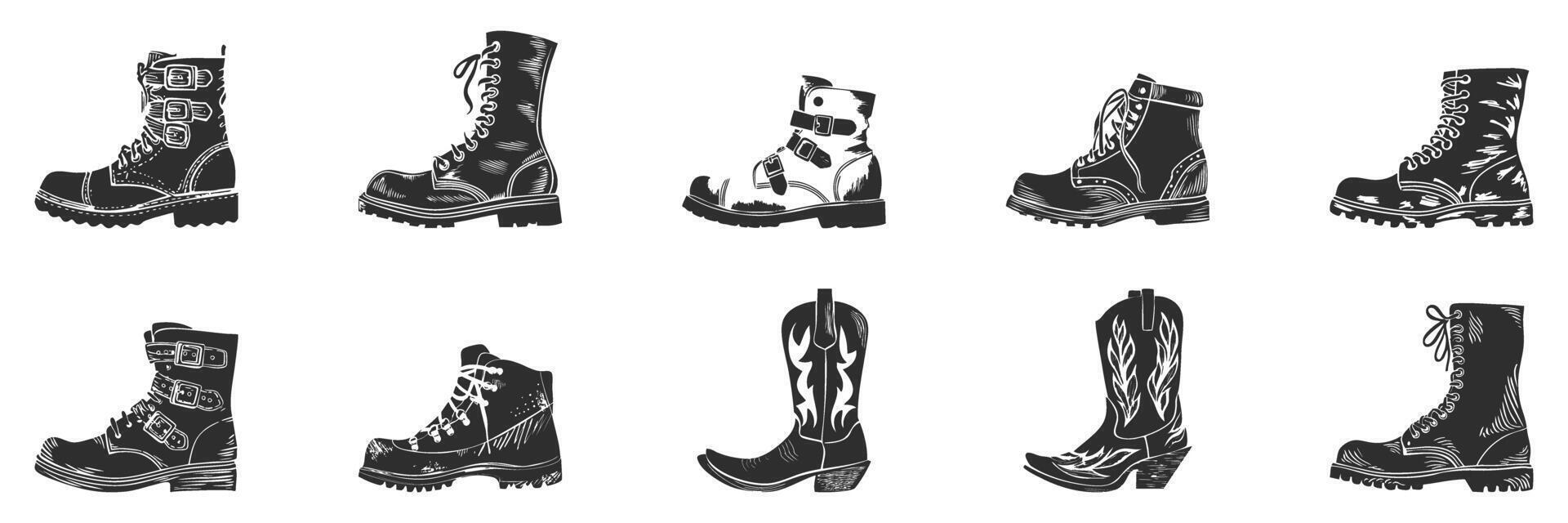 Silhouette Collection Of Various Boot Styles. Fashion And Footwear Design Elements Isolated Illustration Set vector
