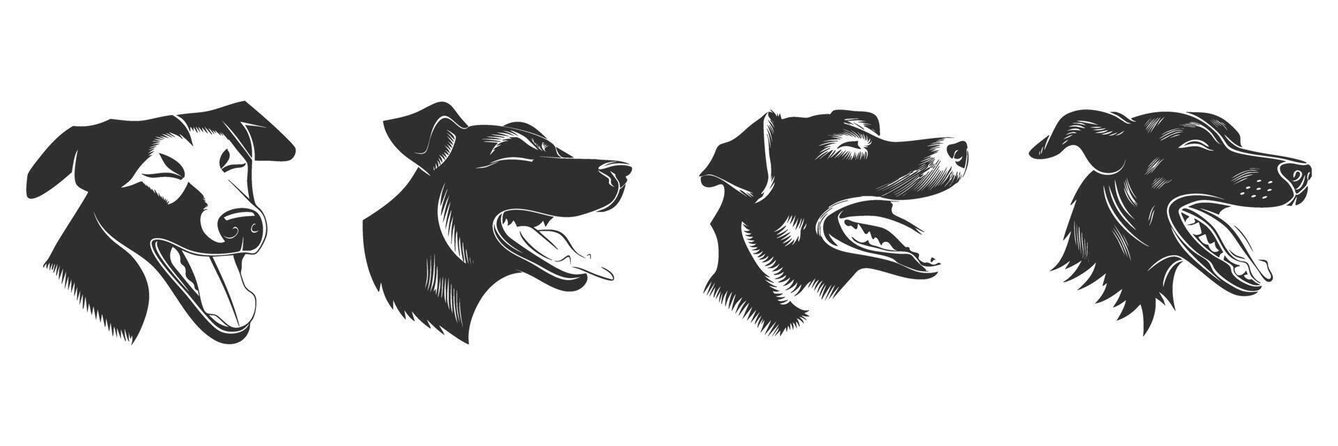 Dog Head Silhouettes Set. Expressive Canine Profiles In Black And White. Isolated Illustration Collection vector