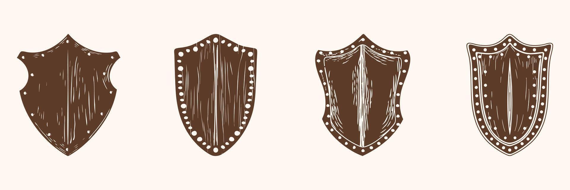 Vintage Wooden Shield Designs Silhouette Set. Medieval Protection Symbols For Heraldry And Defense Themes. Isolated Illustration Collection vector