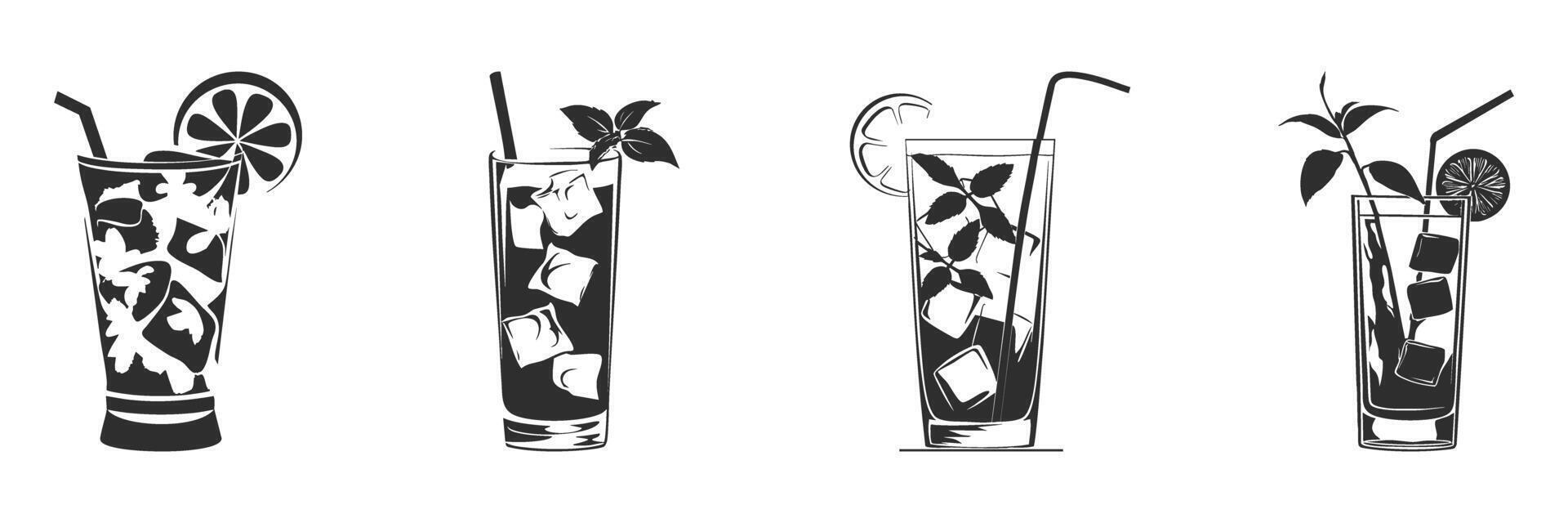 Cocktail And Beverage Silhouette Set. Refreshing Drinks With Ice, Citrus, And Mint Leaves Isolated Illustration Collection vector