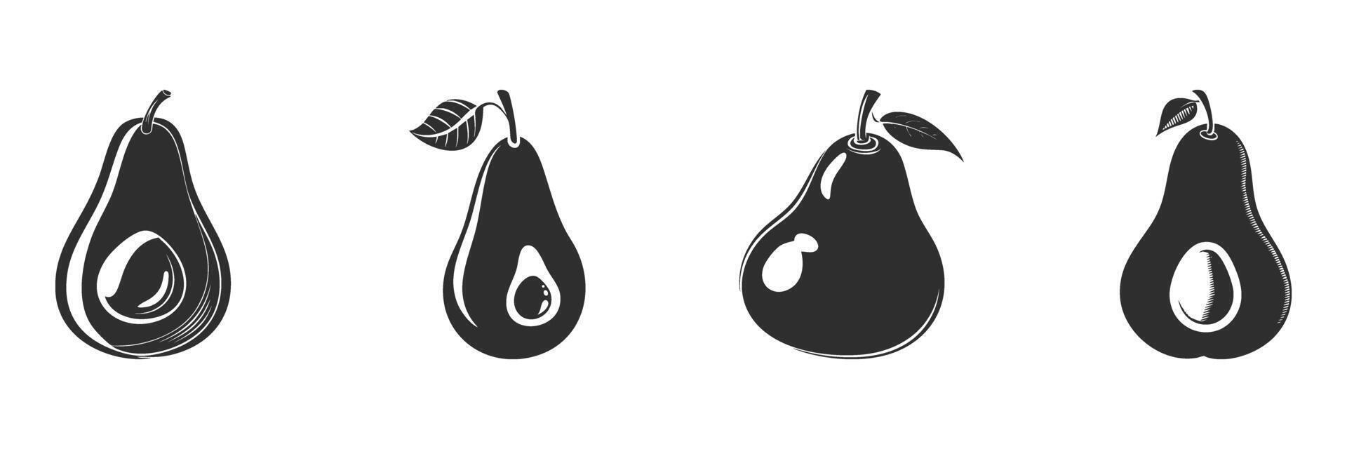 Avocado And Pear Silhouette Set. Fruit Design Elements For Healthy Eating And Nutrition Themes. Isolated Illustration Collection vector