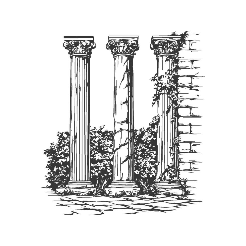 Ancient Greek Columns And Ivy Black And White Silhouette Illustration. Classical Architecture And Nature Harmony. Isolated Illustration vector