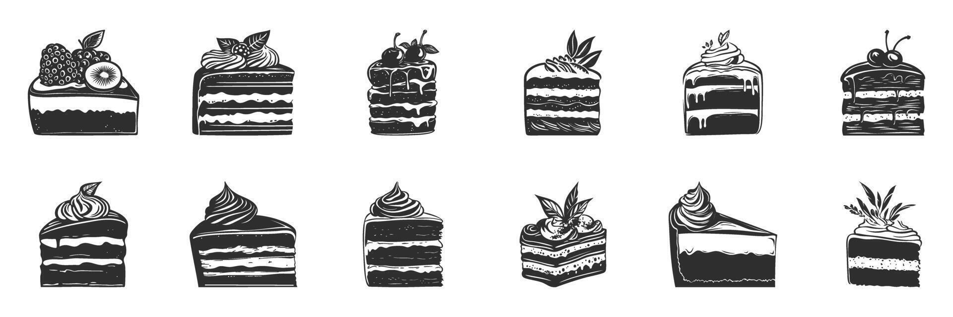 Cake Slice Silhouette Set. Variety Of Desserts And Toppings Isolated Illustration Collection vector