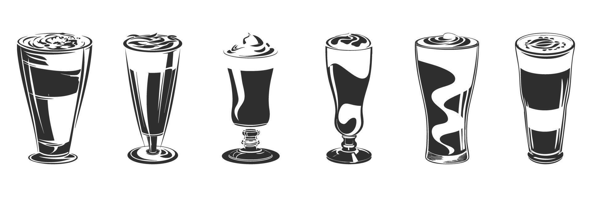 Assorted Coffee And Milkshake Glasses Silhouette Set. Beverage Variety And Presentation Styles Isolated Illustration Collection vector