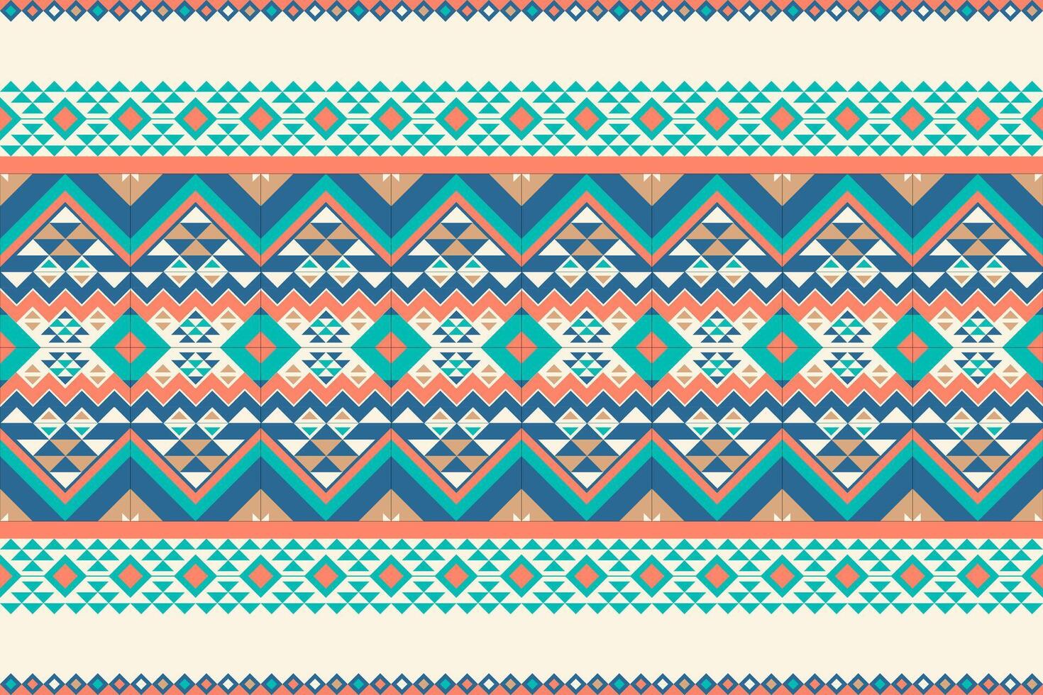 Seamless tribal geometric pattern in turquoise, coral, and navy on cream background. Featuring diamonds, zigzags, and triangular motifs. Perfect for light-toned home textiles and modern ethnic decor. vector