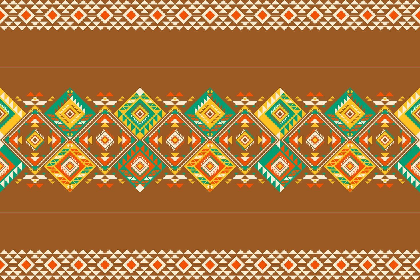 Native border pattern with diamond motifs on brown background. Green orange and yellow geometric designs create warm ethnic borders perfect for wooden home interiors and rustic decor. vector