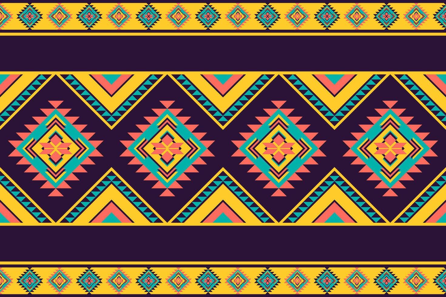 Bold Aztec pattern with diamond motifs in turquoise, coral pink and gold on deep purple background. Features geometric shapes in horizontal bands, perfect for energetic home decor and textile design. vector