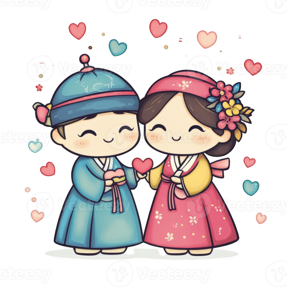 Cute Cartoon Characters Holding Hands with Hearts and Flowers png
