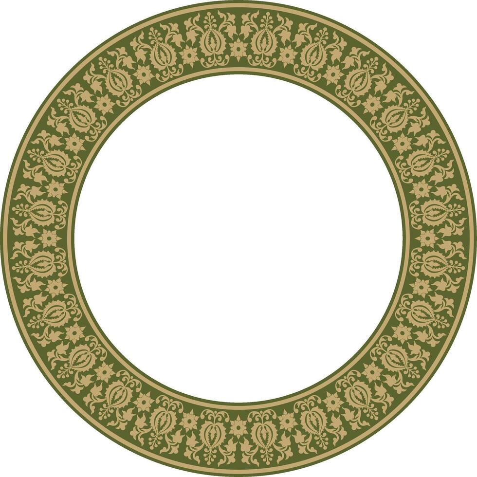 round gold with green ancient Russian ornament. Slavic border, frame. Circle, ring. Paint of the royal chambers. vector