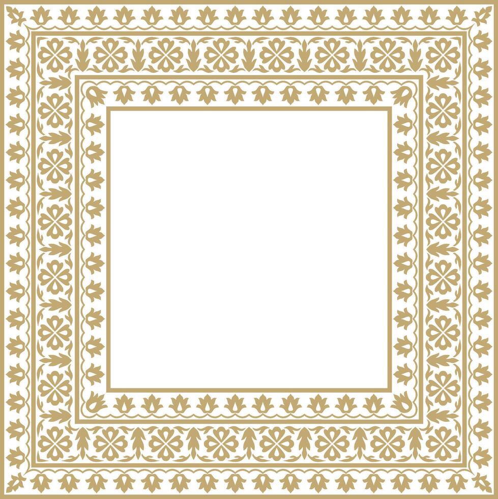 golden square Turkish national ornament. Ottoman border, frame. Ethnic floral rectangle, Seljuk Turks pattern. Decor of Sultan's palace vector