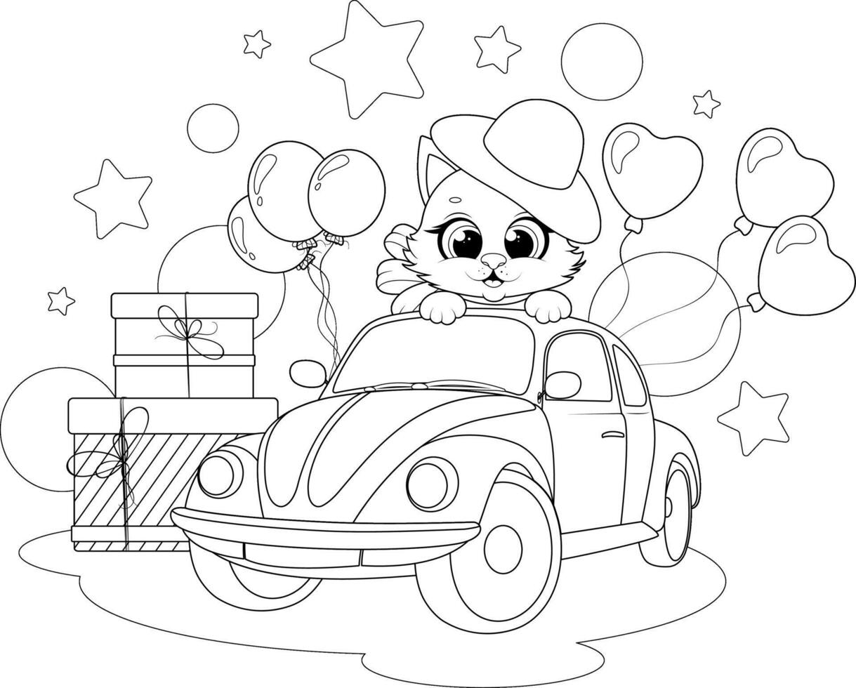 Coloring Page. Cat Driving Car with Presents and Balloons vector