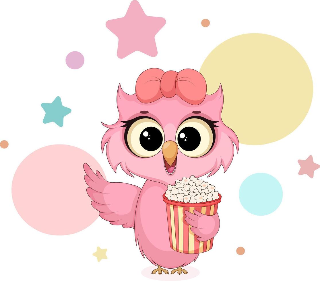 Cute pink owl with popcorn and stars vector