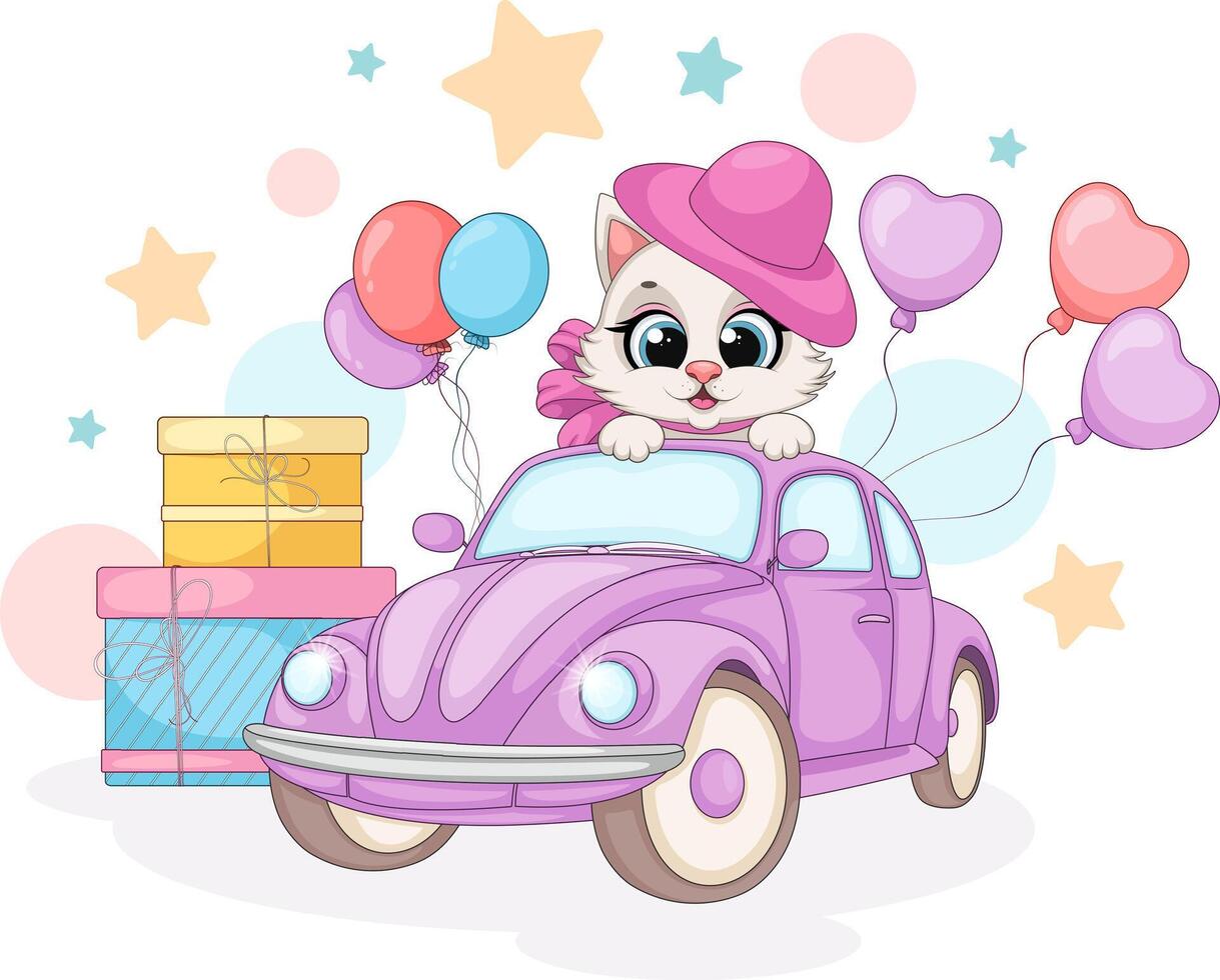 Cute Cat in Car with Balloons and Gifts vector