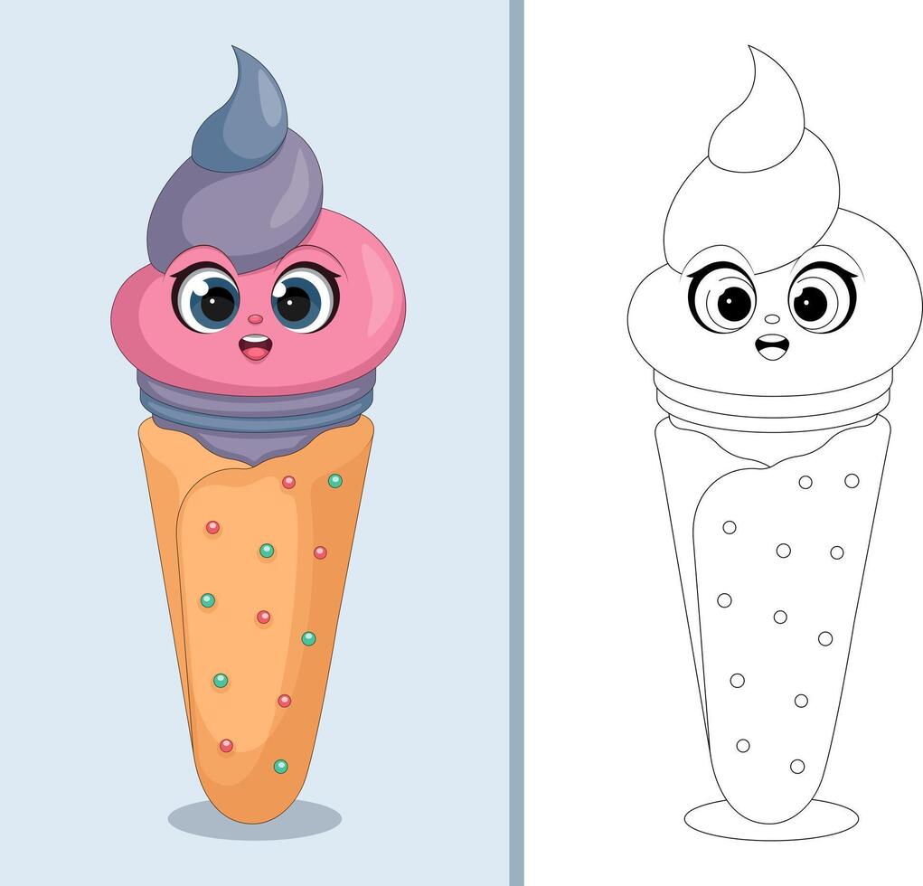 Cute Cartoon Ice Cream Coloring Page and Color Illustration vector
