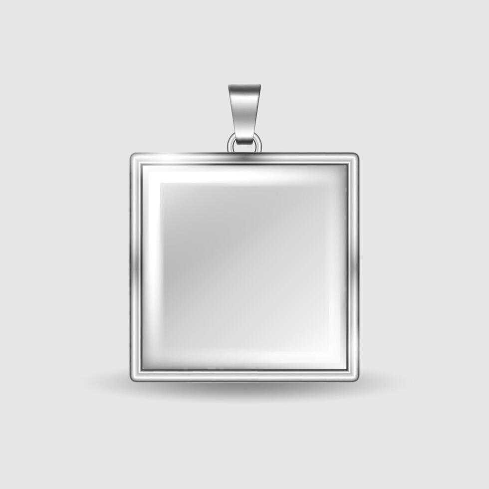 Silver square locket pendant with clear glass dome mockup. Gray silver square necklace resin pendant. Silver grey glass square ornament. vector
