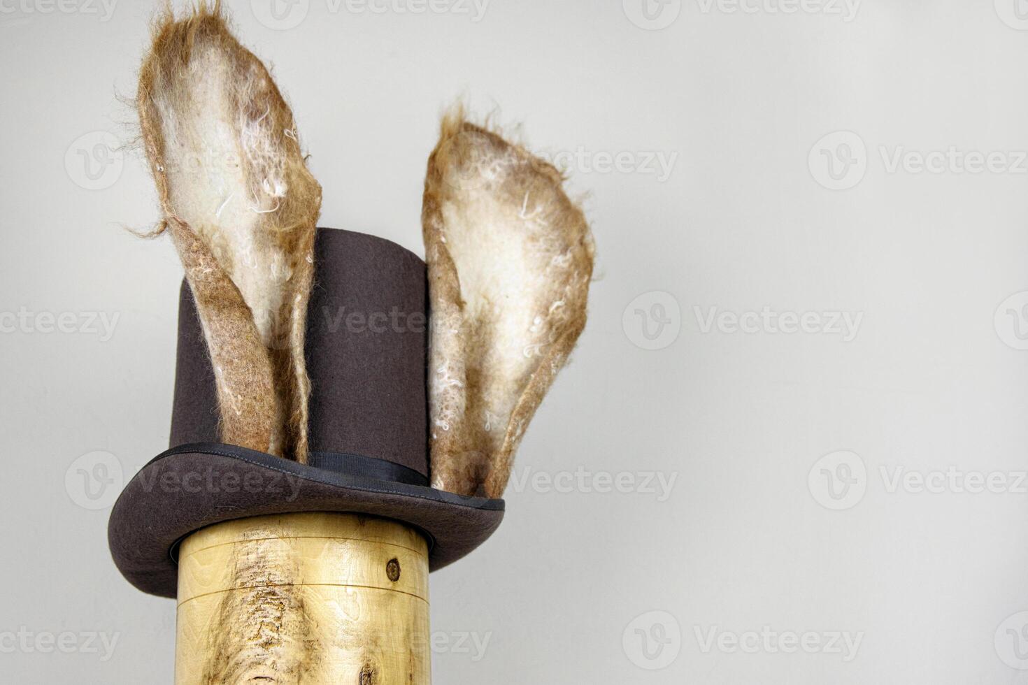 White rabbit or march hare hat. Bunny ears attached to the top hat on wooden stand. Hatter Headdress for Alice in wonderland. 07 photo