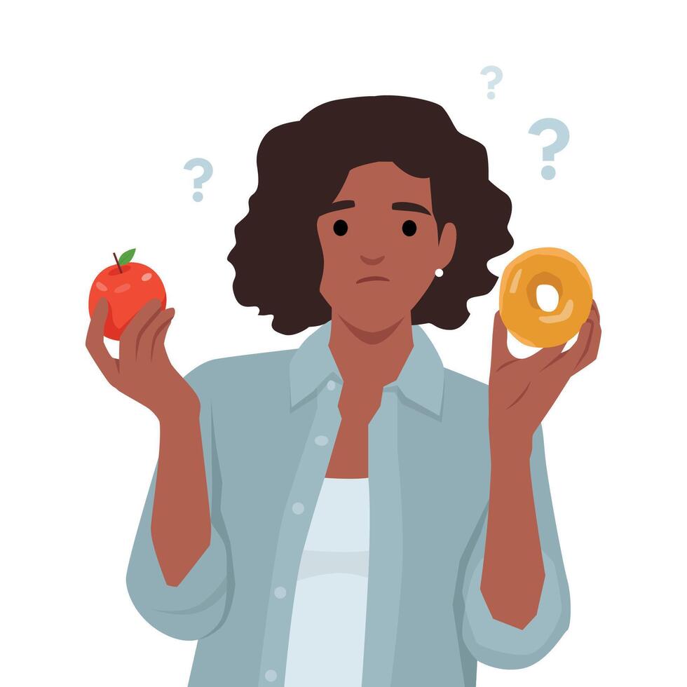 Woman Struggling to Choose Between Healthy and Unhealthy Food. vector