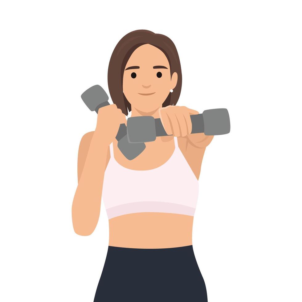 Young woman in workout attire lifts dumbbells with focus and strength, dedication to fitness. vector