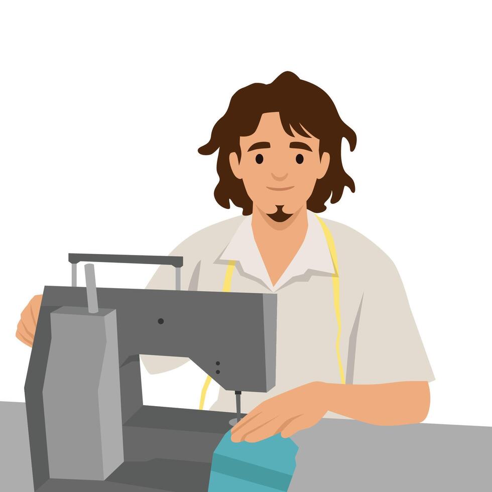 Focused male tailor operates a sewing machine, skillfully stitching fabric with precision and care. vector