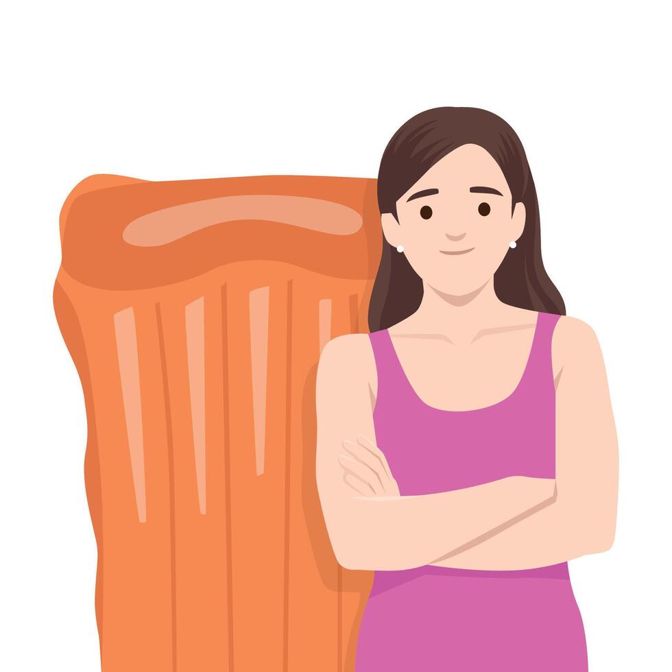 Woman in a pink tank dress stands with her arms crossed in front of an orange inflatable float. vector