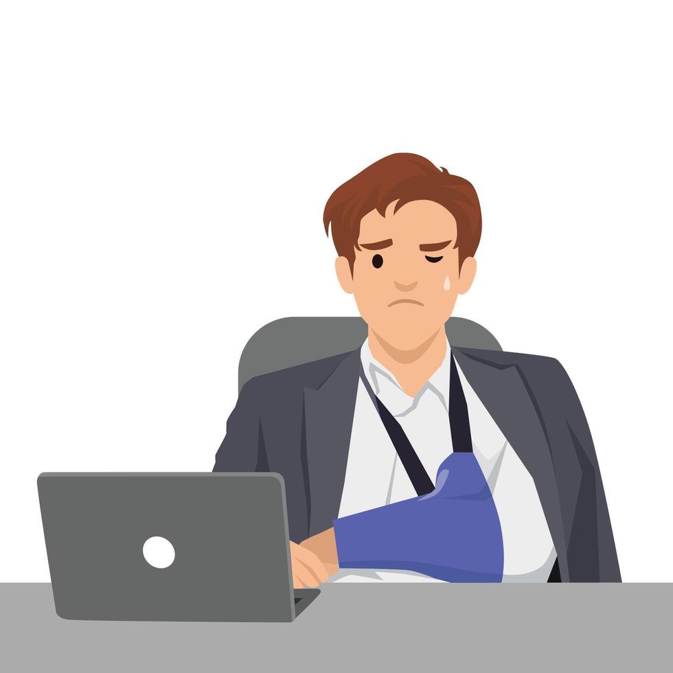 Businessman with a bandaged arm in a sling sits at his desk, showing signs of discomfort. vector