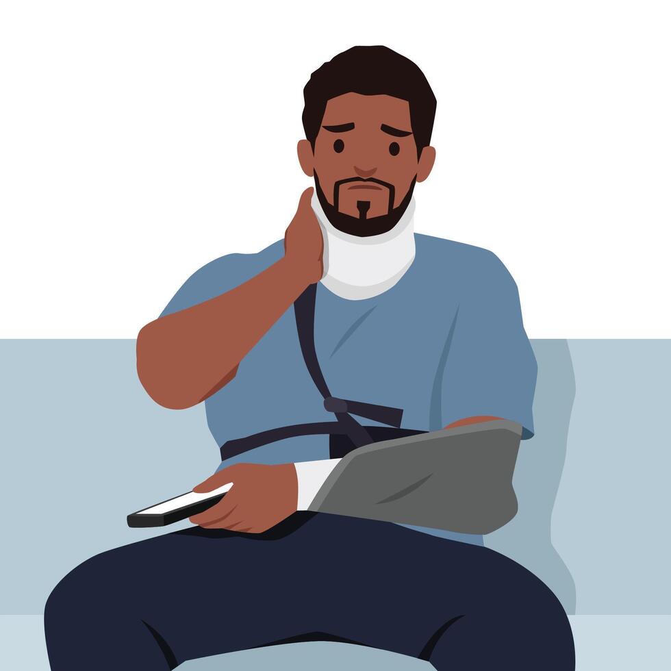 Injured Man Sitting with Neck Brace and Arm Sling. vector