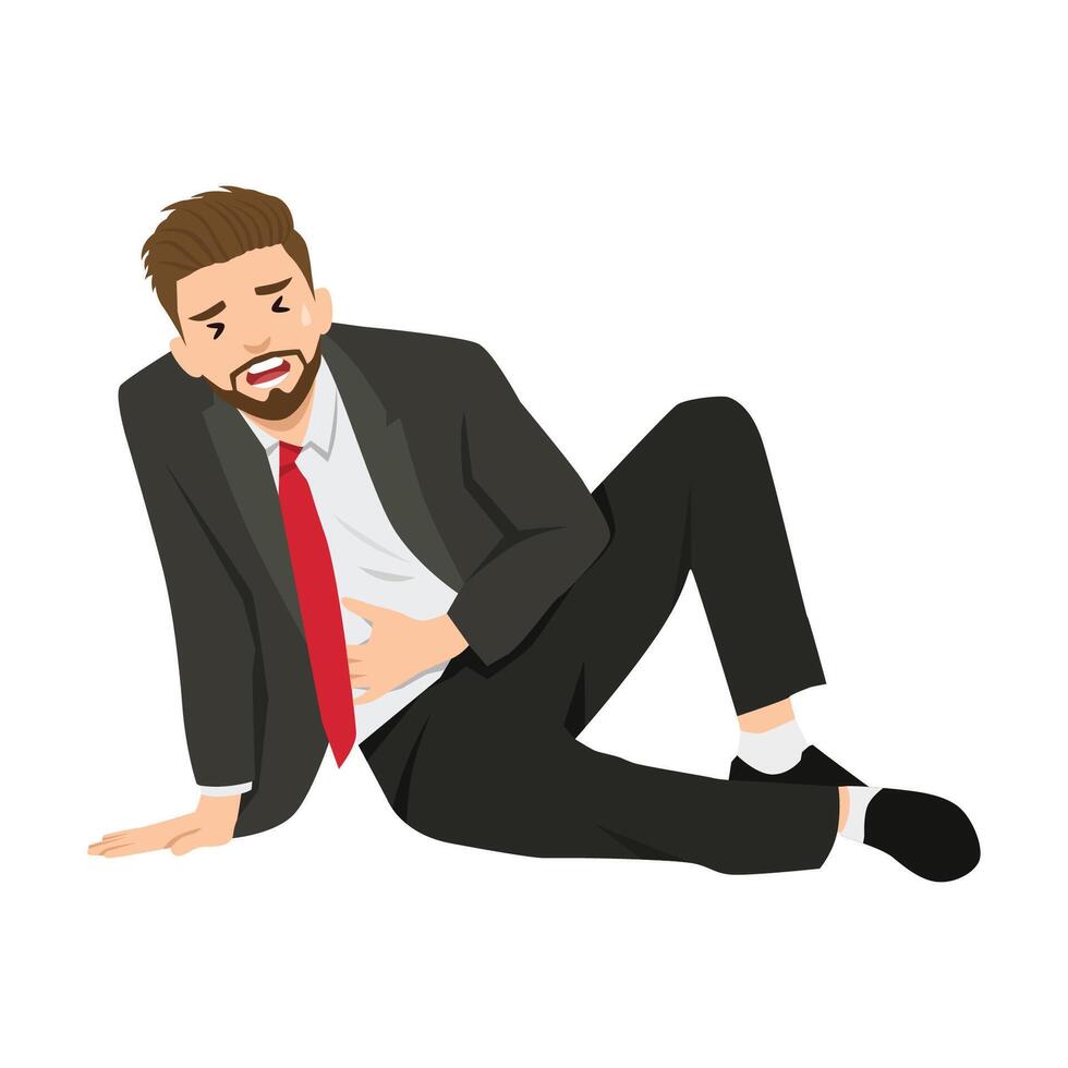 Man in a business suit is shown on the ground, clutching his stomach in discomfort. vector