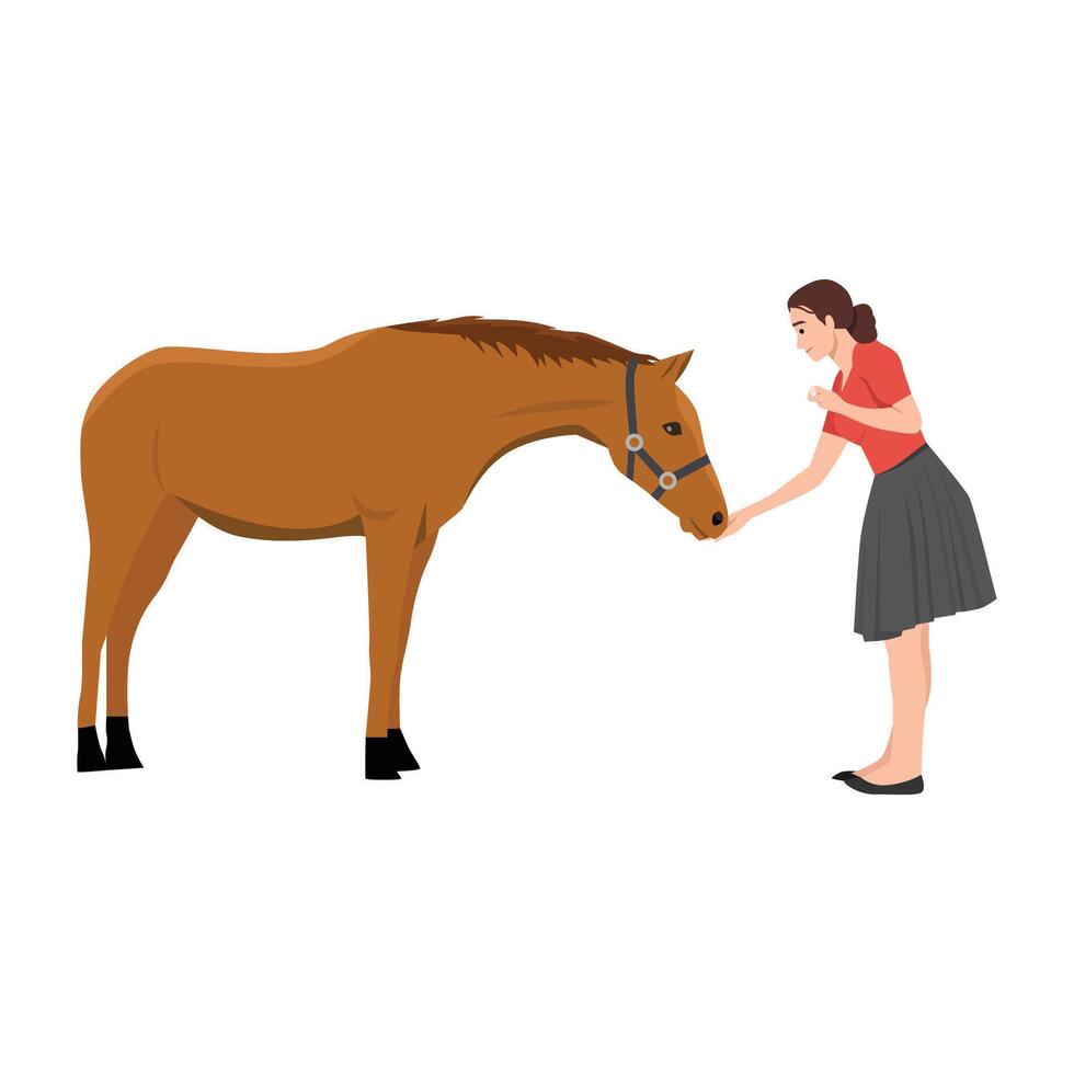 Woman gently feeds a horse, showcasing a tender interaction and mutual trust human and animal. vector