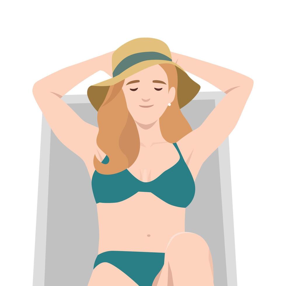 Woman in a green bikini and sun hat lounges with a peaceful expression. vector