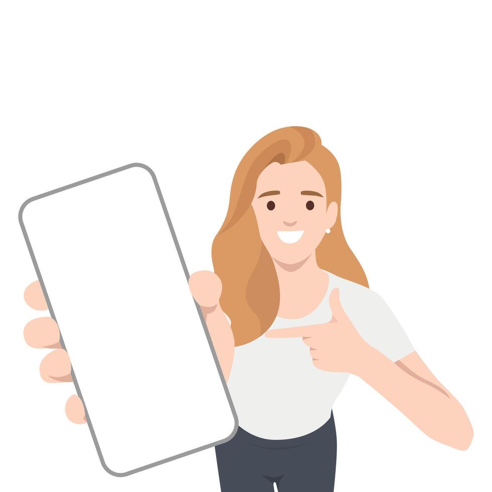 Happy Woman Showing a Smartphone Screen. vector