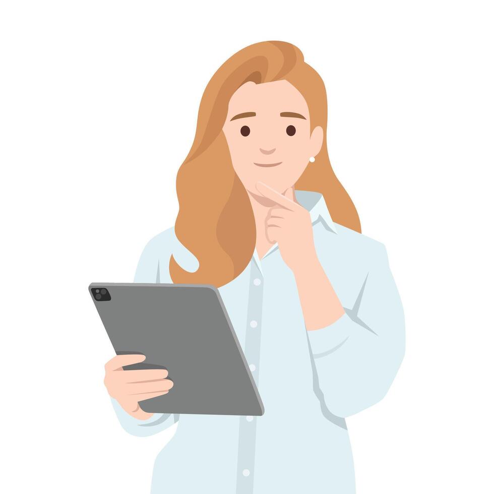 oman with long blonde hair thoughtfully looks at a tablet, appearing deep in decision making. vector