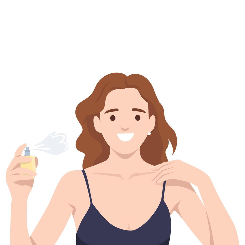 Cheerful woman in a dark top sprays perfume on herself, radiating freshness and joy. vector