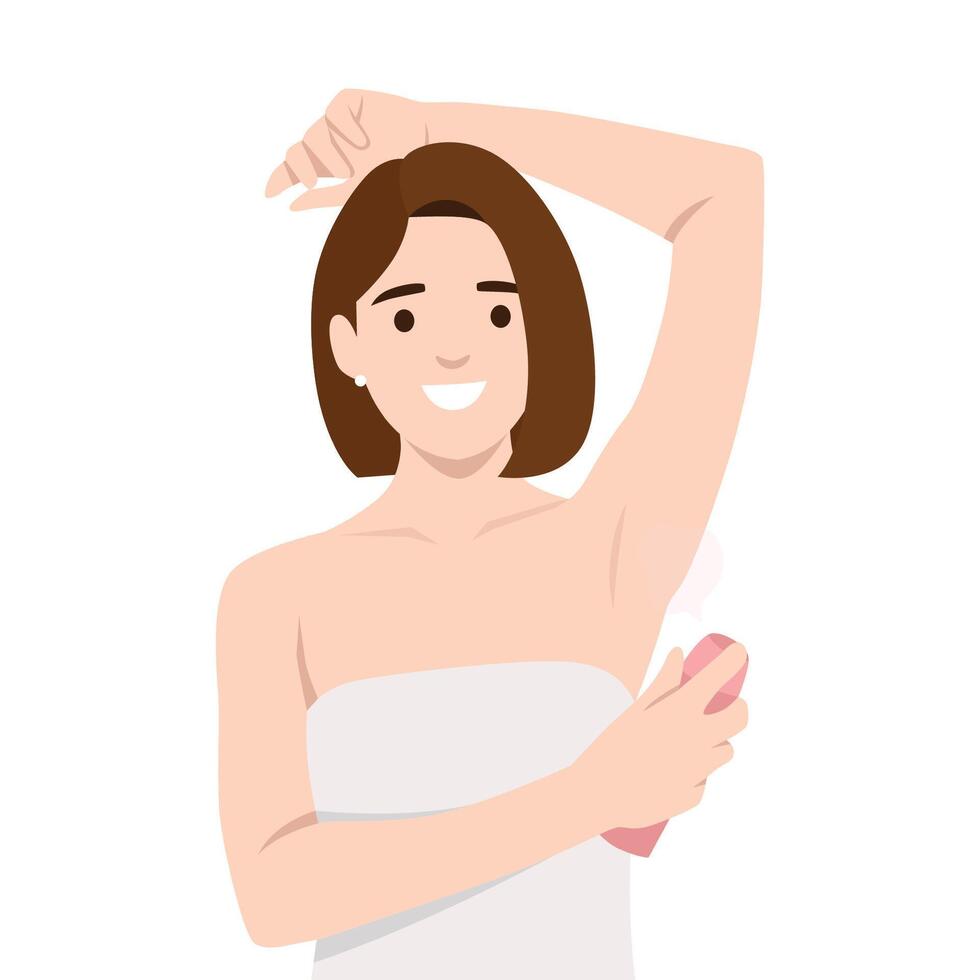 Woman wrapped in a towel applies deodorant spray to her underarm, promoting freshness and hygiene. vector