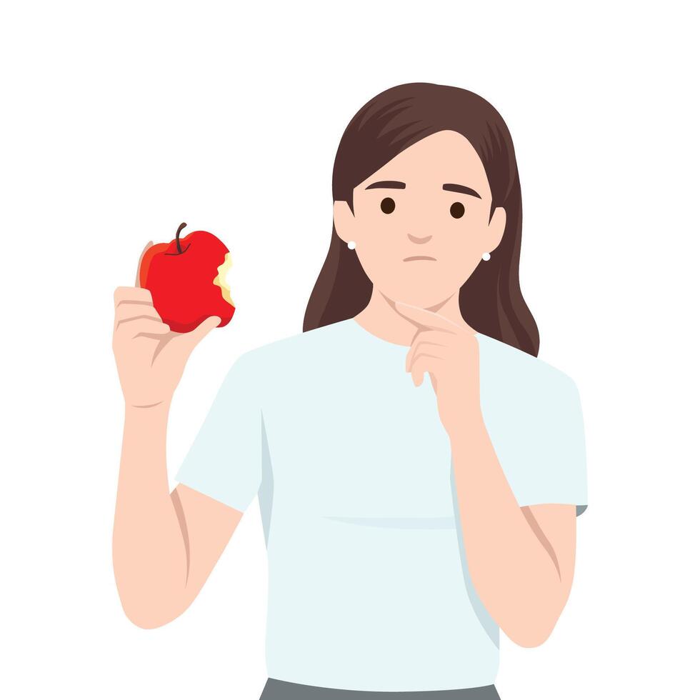 Thoughtful woman holding a bitten apple appears uncertain, contemplating her next move. vector