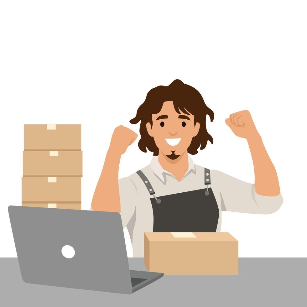 Man celebration after receiving an online order, surrounded by packages and working at his laptop. vector