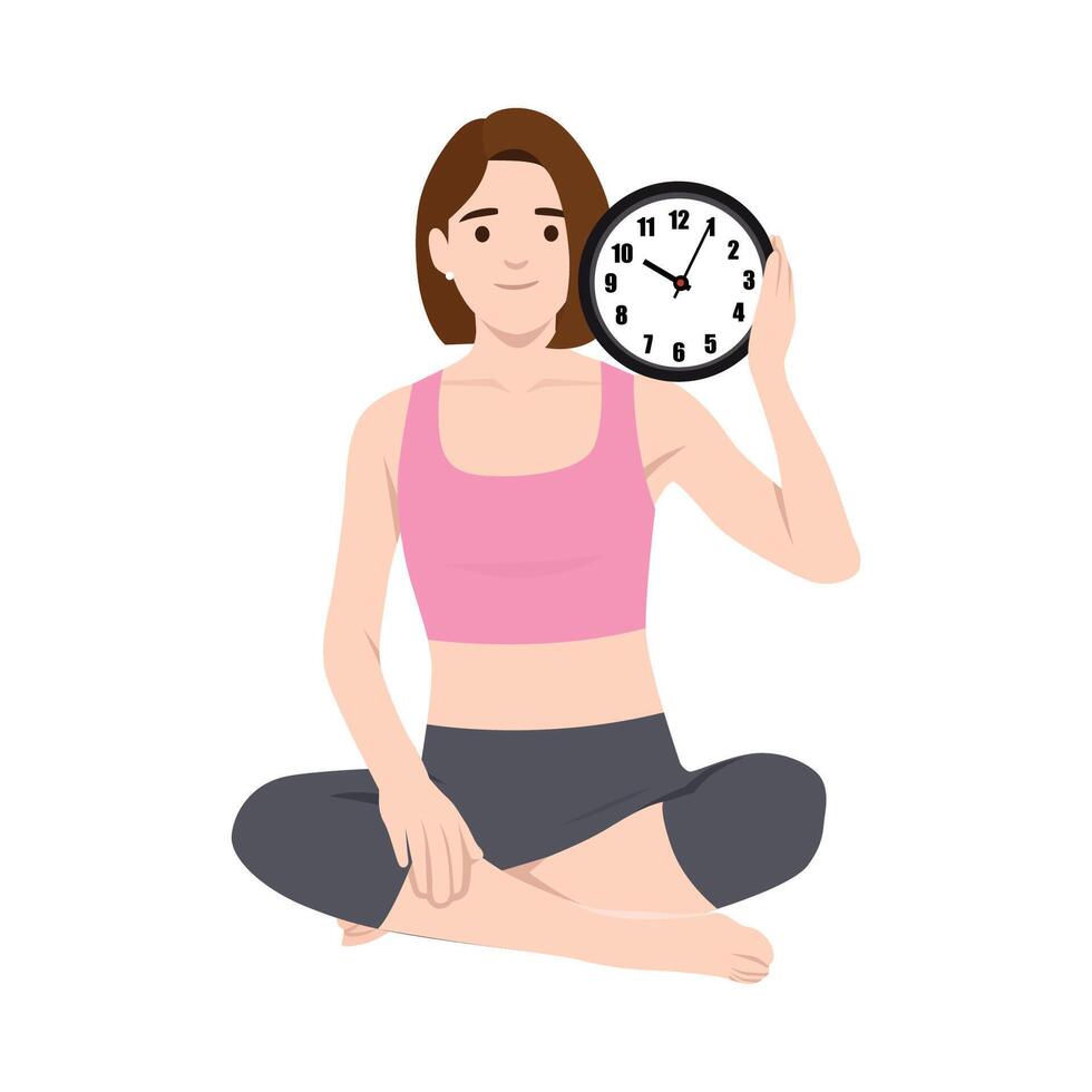 Woman sits cross legged while holding a clock near her head, time management or mindfulness. vector
