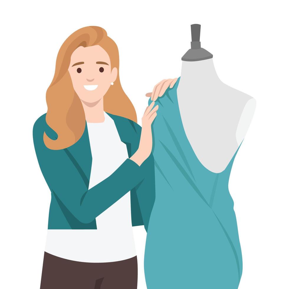 Fashion designer stands beside a dress form, showcasing her elegant teal creation with pride. vector
