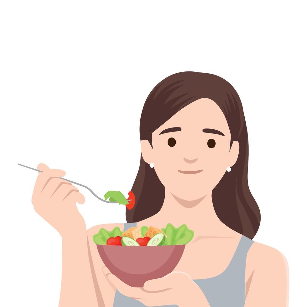 Woman with long hair holds a bowl of fresh salad and eats with a fork, Healthy eating habits. vector
