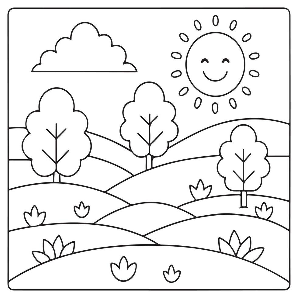 Smiling sun fluffy clouds and trees landscape illustration vector